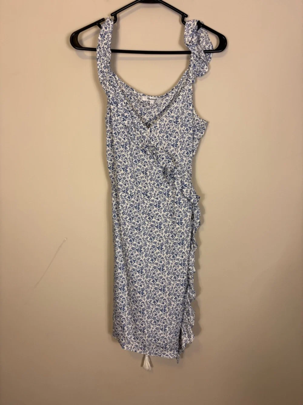 Madewell Blue & White Floral V Neck Wrap Dress with Ruffle Straps 6 - Picture 1 of 7